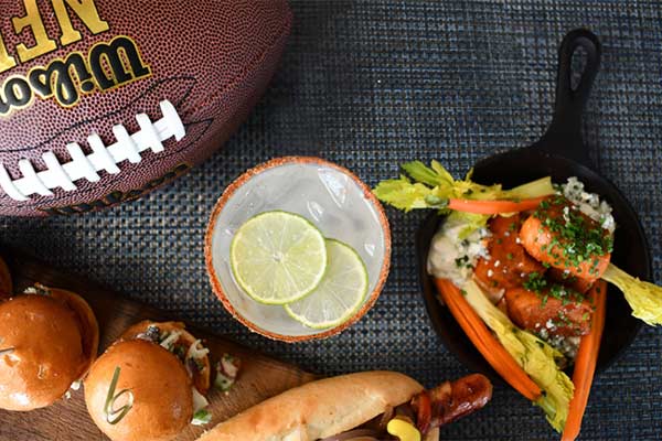 sliders, hot dog and margaritas for super bowl