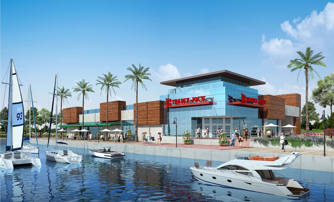 Trader Joe's building at Pier 44 in Marina del Rey with boats