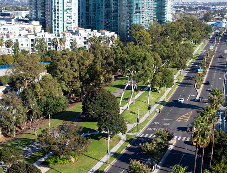 Aerial view of Yvonne Burke Park in Marina del Rey